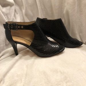 Black embossed leather peep-toe booties